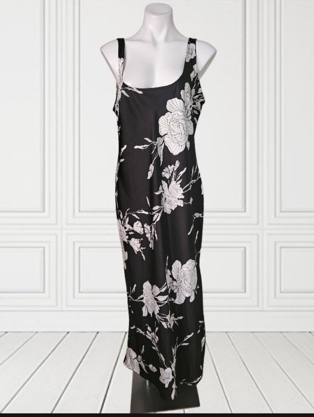 A New Day Black White Floral Maxi Dress Sleeveless Summer XL